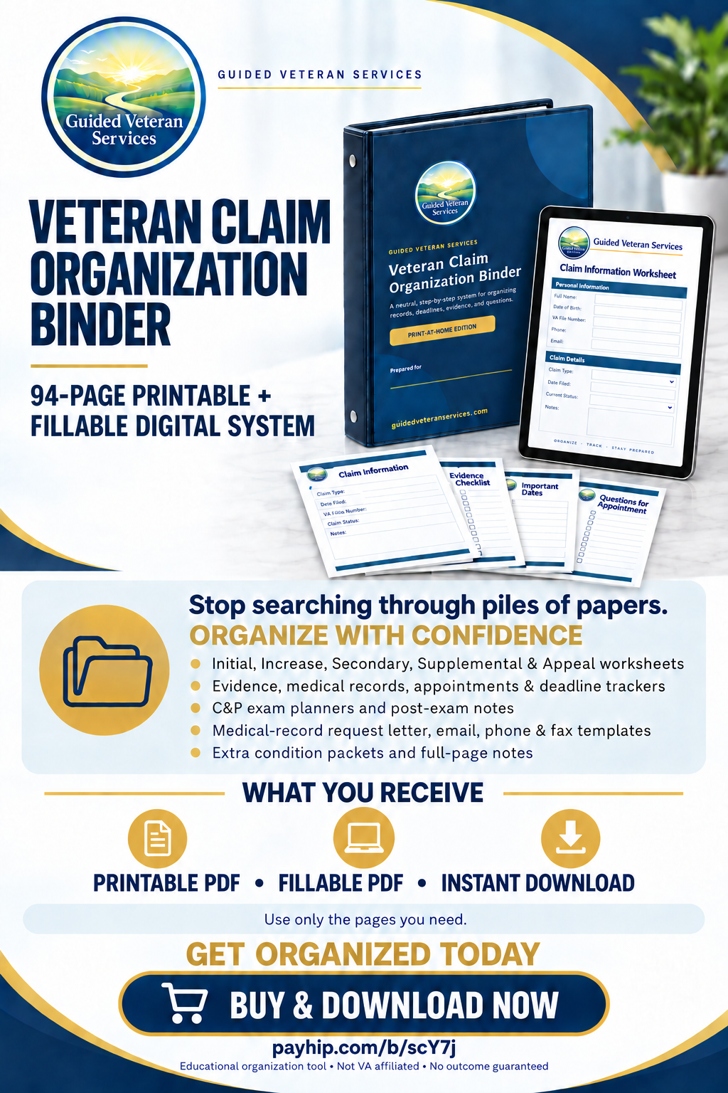 Preview of the Guided Veteran Services printable and fillable Veteran Claim Organization System