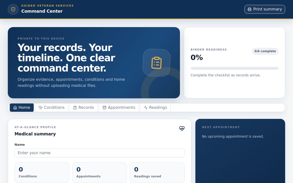 Preview of the Guided Veteran Command Center app dashboard